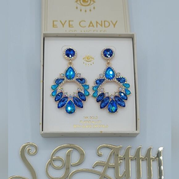 Eye Candy Earrings Luxe Blue Green Gold Plated Glass Crystals Earrings #545 - Picture 2 of 16